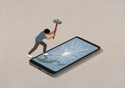 Man with sledgehammer smashing smart phone screen