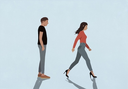 Young man watching beautiful woman in high heels walk away