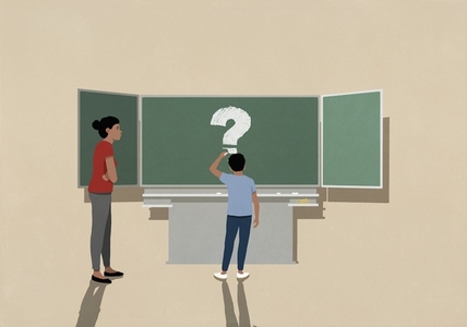 Teacher watching schoolboy drawing question mark