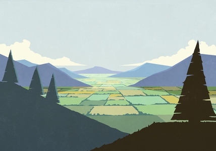 Scenic rural landscape view of farmland plots