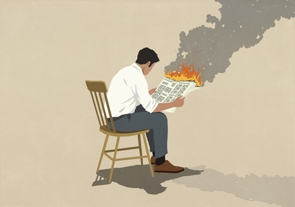 Businessman reading burning newspaper