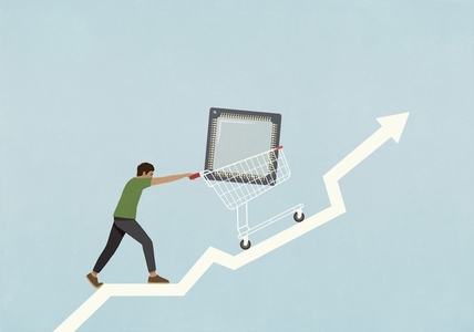 Man pushing large semiconductor in shopping cart