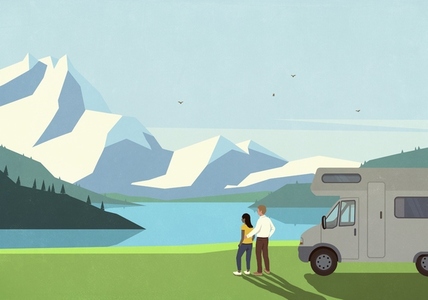 Multiethnic couple enjoying scenic mountain lake view on vacation outside RV camper