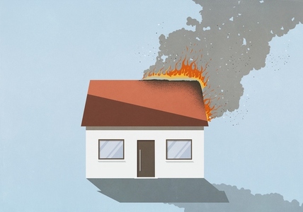 House burning on blue background