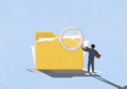 Businessman holding large magnifying glass over large messy file folder Businessman holding large magnifying glass over large messy file folder