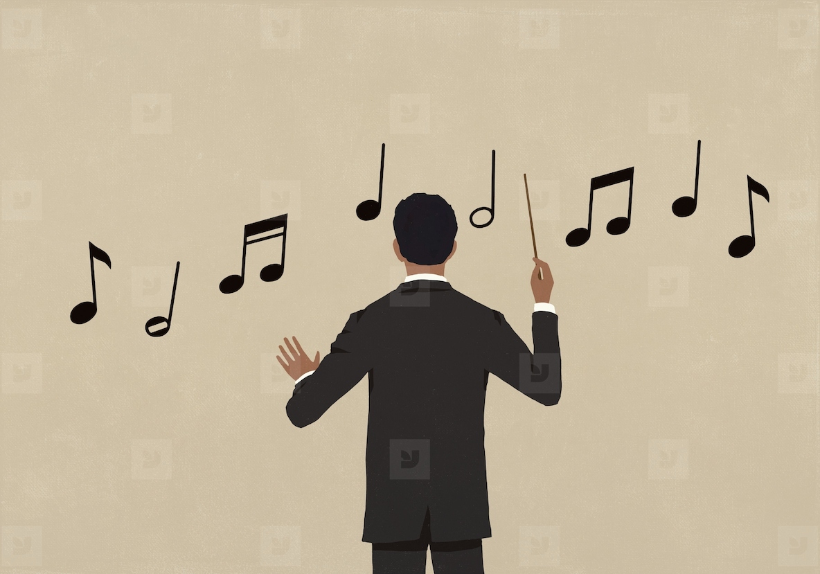 Orchestra conductor conducting music notes on beige background