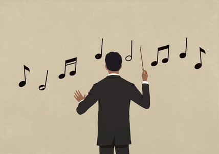 Orchestra conductor conducting music notes on beige background Orchestra conductor conducting music notes on beige background