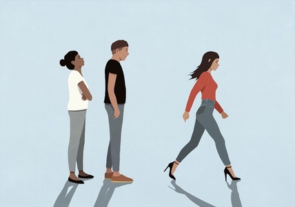 Angry girlfriend watching boyfriend staring at beautiful woman walking