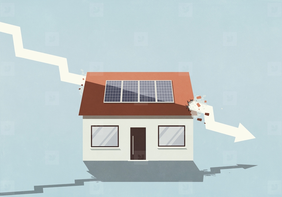 Descending arrow crashing through house with solar panel