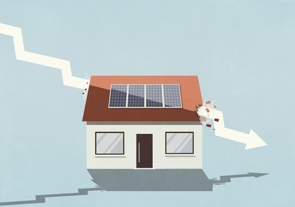 Descending arrow crashing through house with solar panel