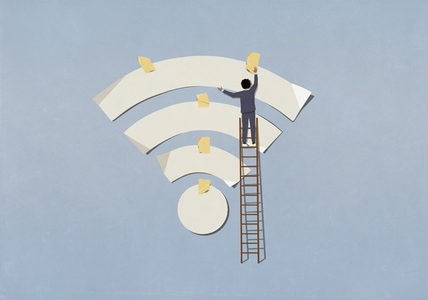 Businessman on ladder taping Wi Fi symbol to blue background