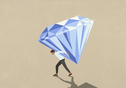 Man carrying large heavy shiny diamond on back