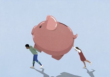 Young couple carrying large piggy bank