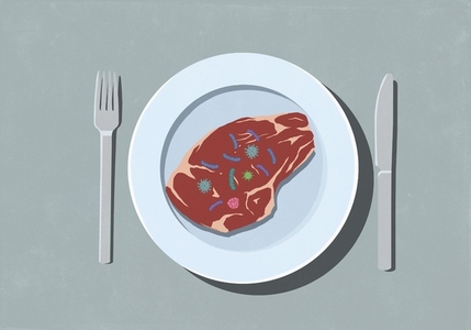Bacteria on top of raw steak meat on dinner plate