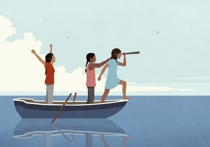 Girls in rowboat with telescope enjoying adventure together