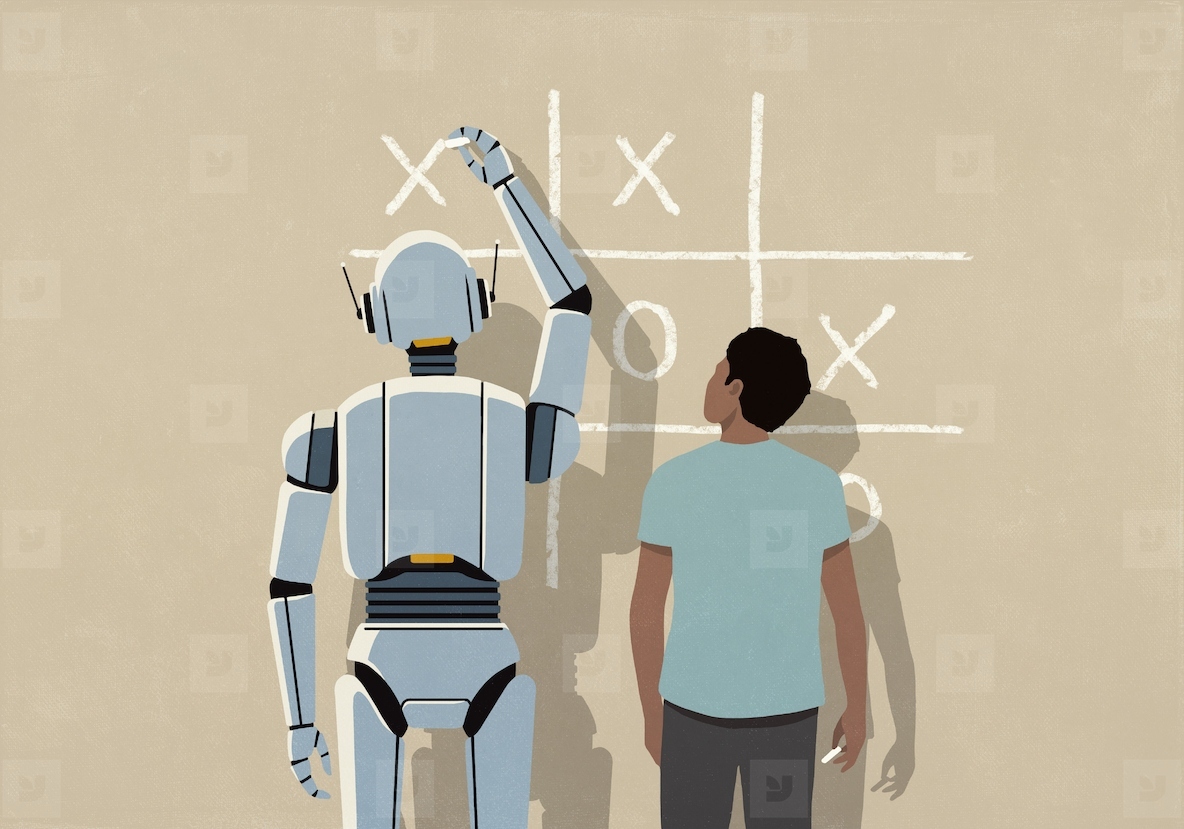 Man playing tic tac toe with AI humanoid robot