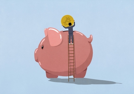 Businessman on ladder depositing Bitcoin into large piggy bank