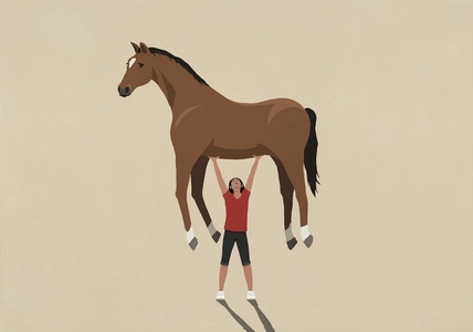 Woman holding large horse overhead on beige background Woman holding large horse overhead on beige background