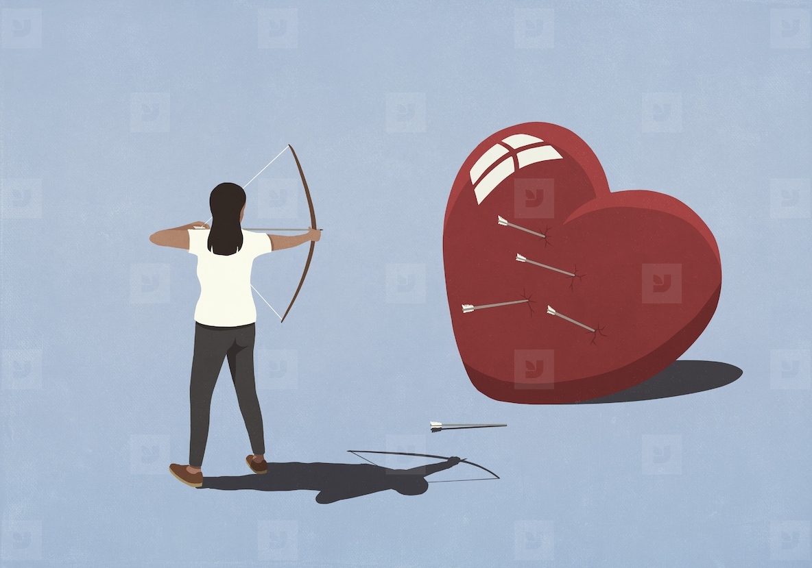 Woman shooting arrows at large heart on blue background