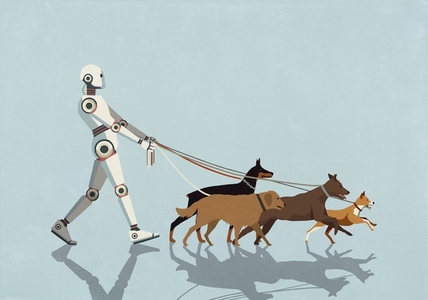Humanoid robot walking dogs on leashes against blue background