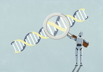Humanoid robot holding magnifying glass over double helix DNA Humanoid robot holding magnifying glass over double helix DNA