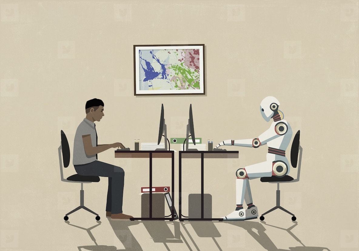 Man and humanoid robot working face to face at computers