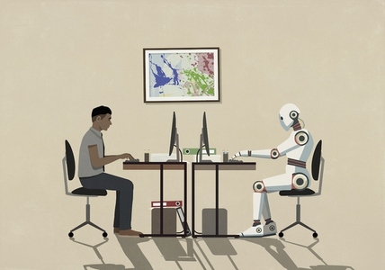 Man and humanoid robot working face to face at computers