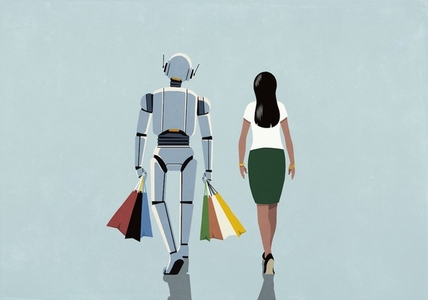 Woman walking next to humanoid robot carrying shopping bags