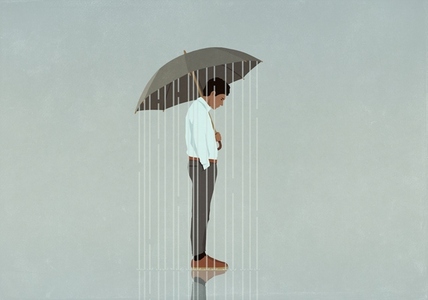 Rain falling from umbrella over depressed man Rain falling from umbrella over depressed man