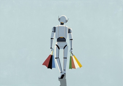 Humanoid robot walking with shopping bags on blue background