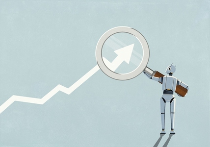 Humanoid robot with magnifying glass examining ascending data arrow Humanoid robot with magnifying glass examining ascending data arrow
