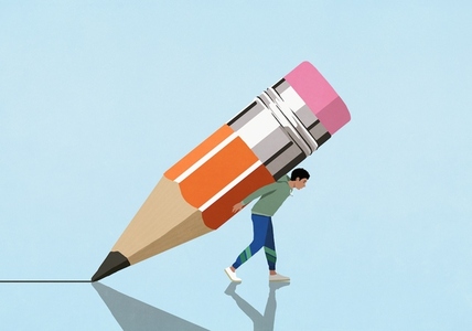 Man carrying large pencil nub on back