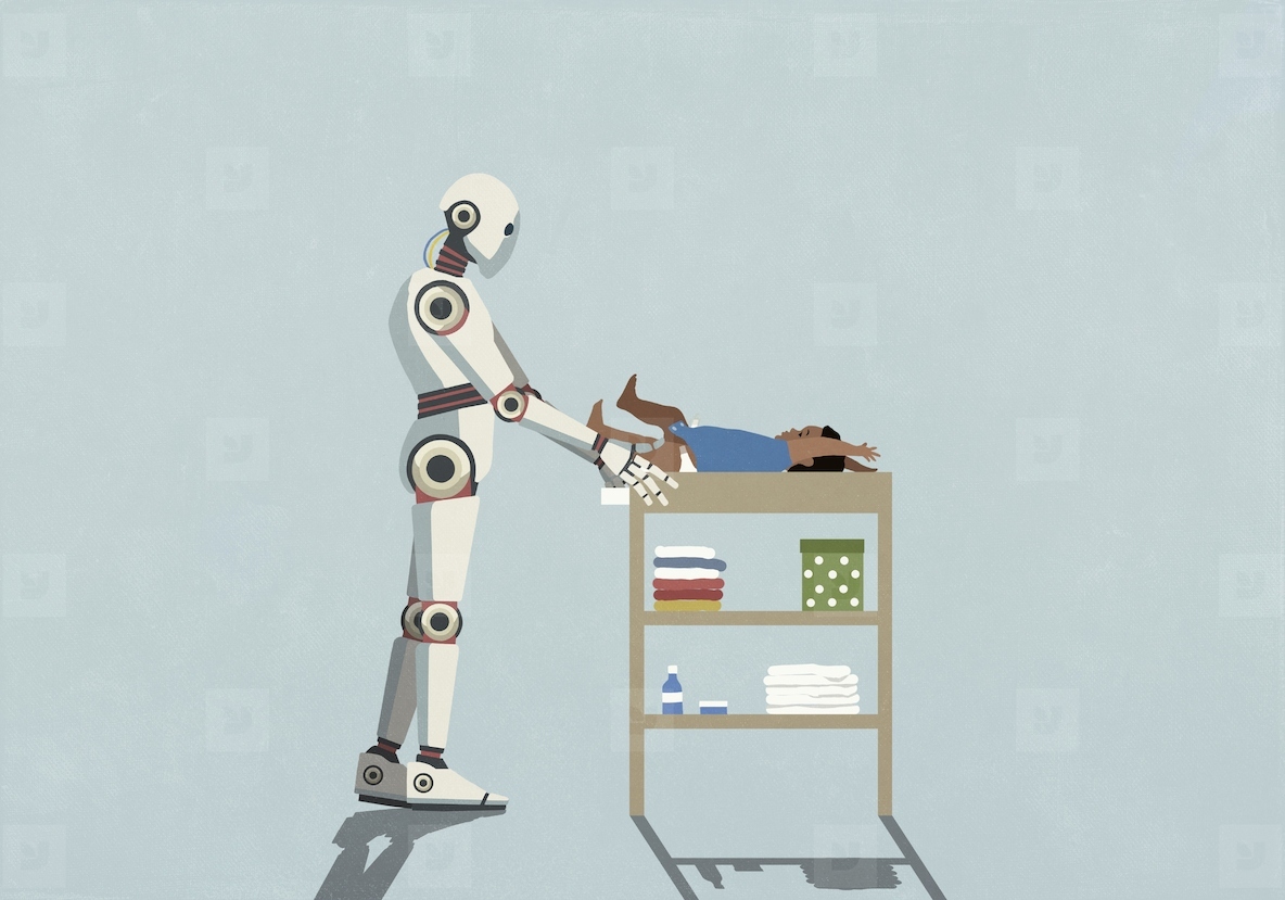 Humanoid robot changing babys diaper