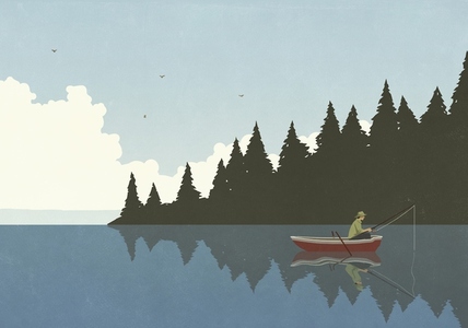 Man fishing in boat on placid Man fishing in boat on placid