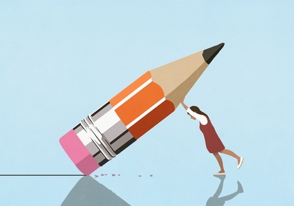 Girl erasing line with large pencil nub eraser Girl erasing line with large pencil nub eraser