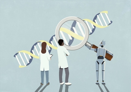 Scientists and humanoid robot examining DNA double helix