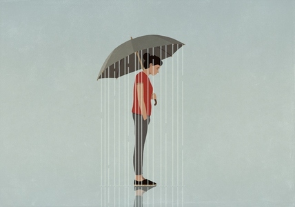 Rain falling from umbrella over depressed woman