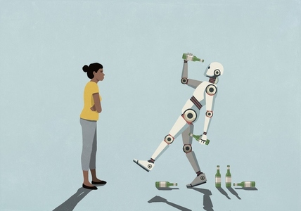 Angry woman watching drunk humanoid robot drinking beer