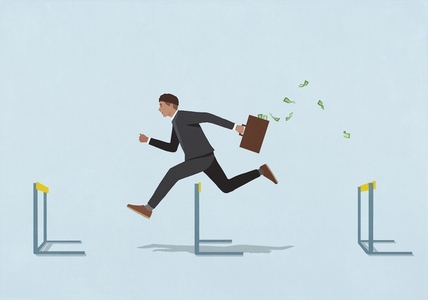 Businessman with money briefcase jumping over hurdles