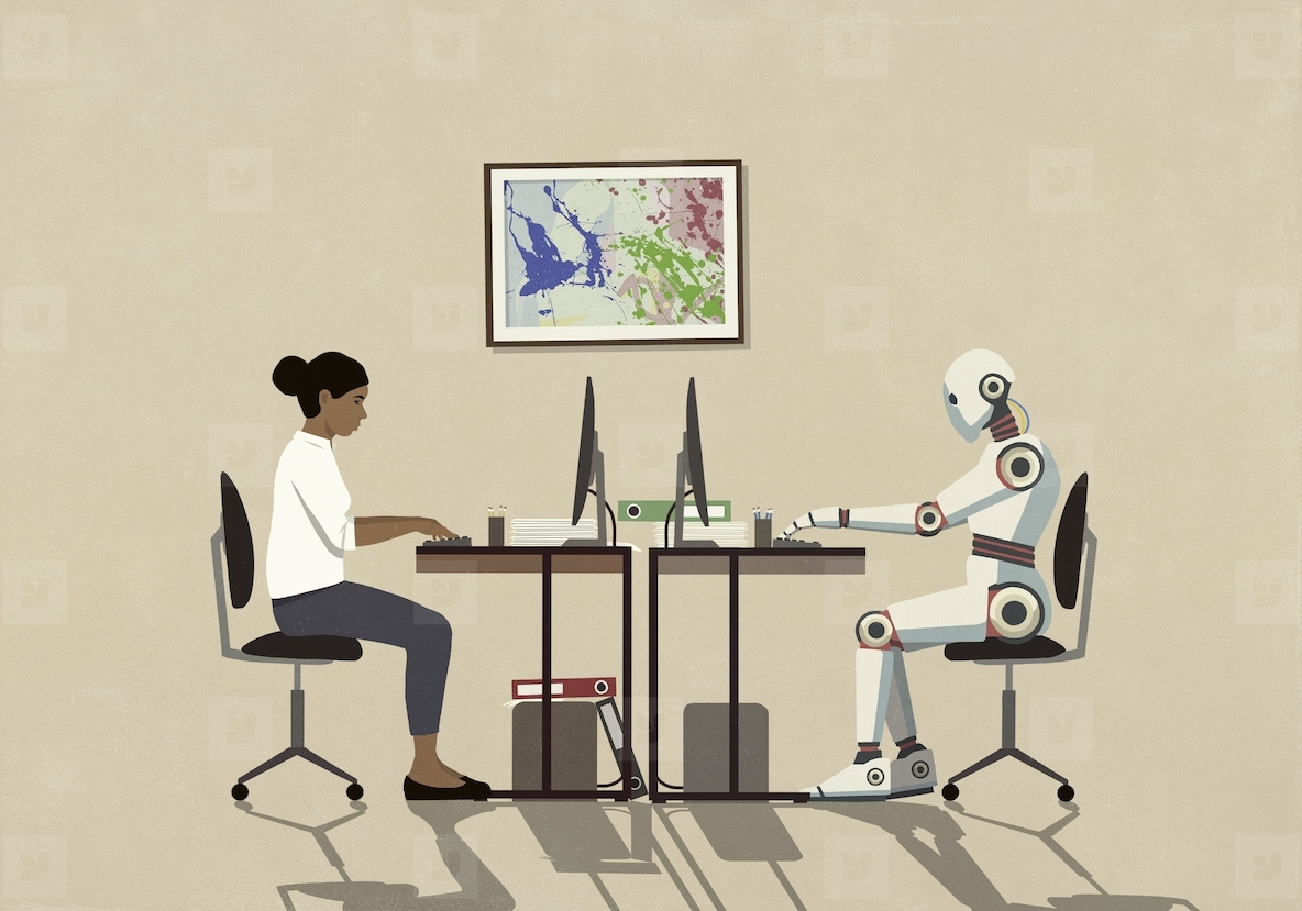 Woman and humanoid robot working face to face at desks