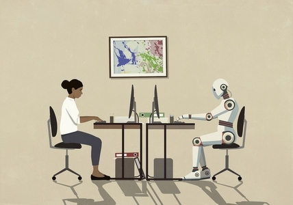 Woman and humanoid robot working face to face at desks
