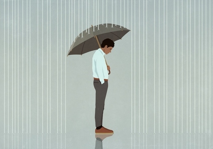 Umbrella protecting depressed man from rain