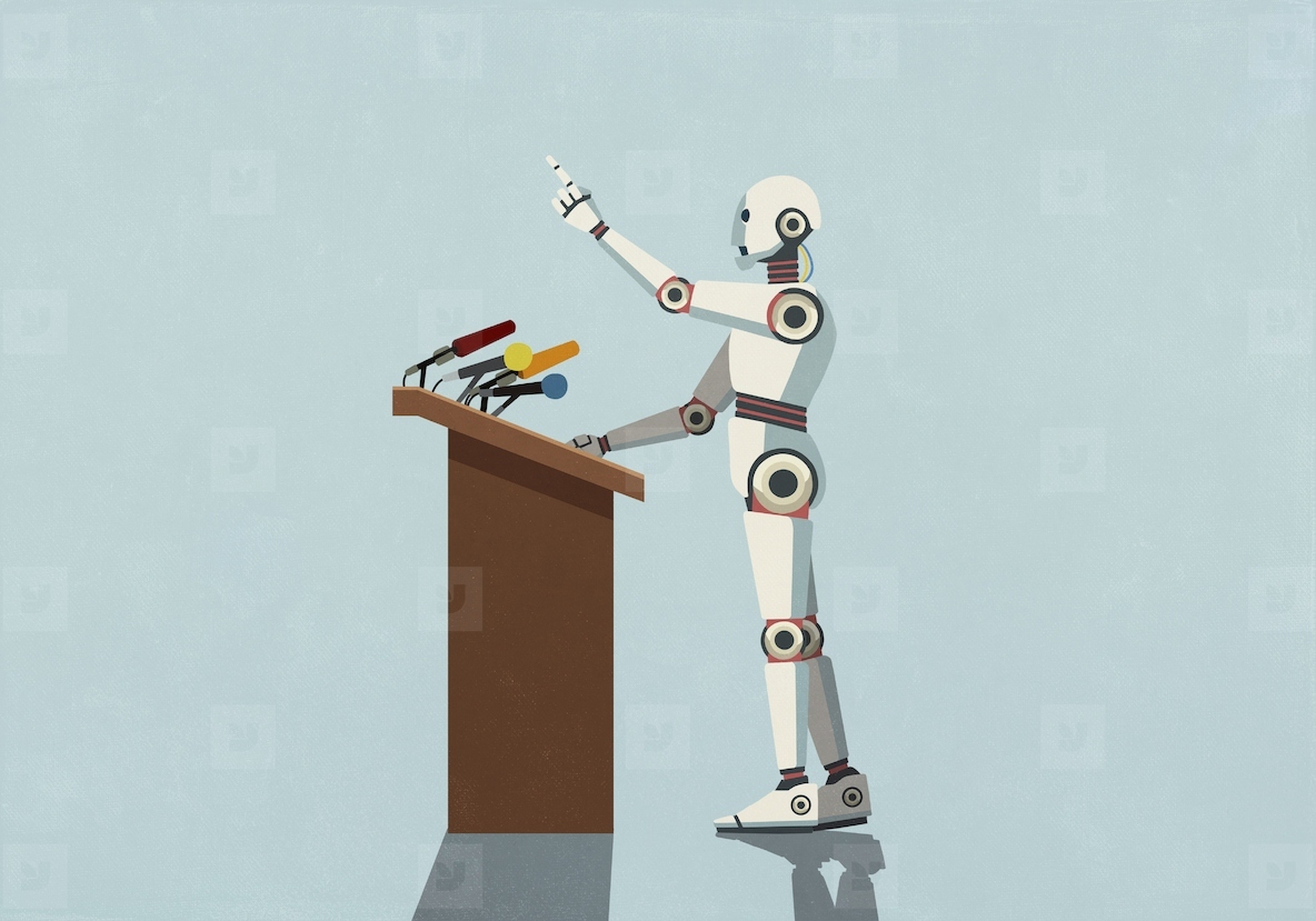 Humanoid robot giving speech at podium with microphones