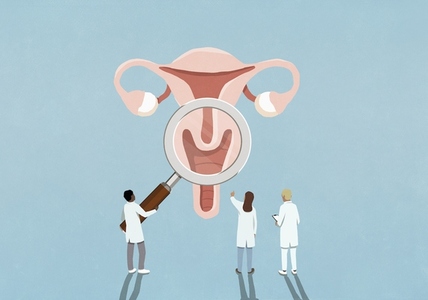 Doctors with magnifying glass examining female reproductive system
