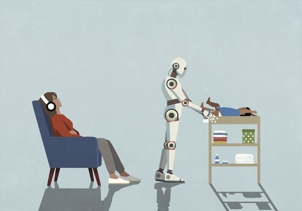 Mother with headphones relaxing and listening to music