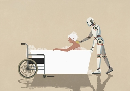 Robot bathing elderly woman in bathtub