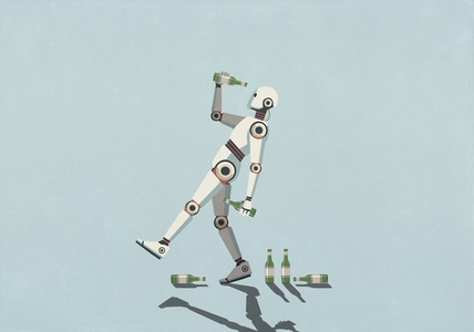 Drunk humanoid robot with beer bottles