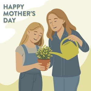 Happy Mothers Day Watering Flower with her Daughter