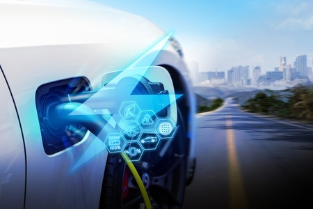 Power cable pump plug in charging power to electric vehicle EV c Power cable pump plug in charging power to electric vehicle EV c