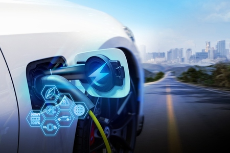 Power cable pump plug in charging power to electric vehicle EV c Power cable pump plug in charging power to electric vehicle EV c